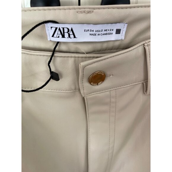 ZARA Faux Leather Super High Rise Slim Flare Pants Slit Size 2 34 Long Beige - Picture 6 of 14